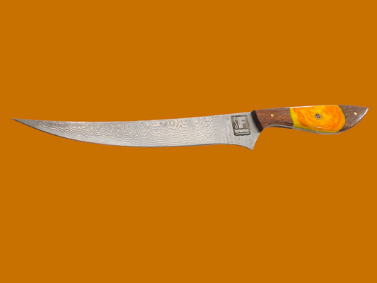 Something's Fishy Branded 
14" Stainless steel Damascus Fillet knife twist pattern 256 layers with full tang, orange and yellow swirl resin on wood handle with mosaic pin.