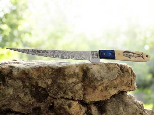 Something's Fishy Branded 
14" Stainless steel Damascus Fillet knife twist pattern 256 layers with full tang, etched Mahi Fish on Bone handle with blue wood finish.