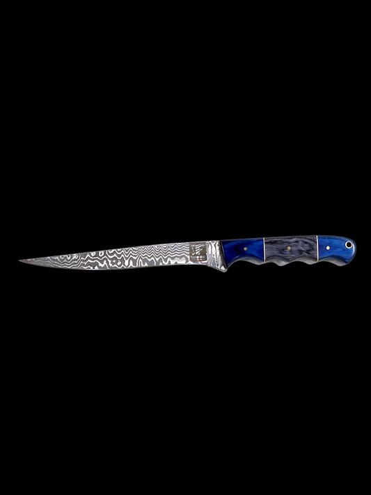 Stainless Steel Damascus fillet knife with blue and black finger grip wood handle